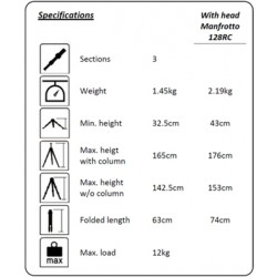 Trépied Kite Ardea CF (tripod) avec rotule Manfrotto 128RC Trépied Kite Ardea CF (tripod) avec rotule Manfrotto 128RC
