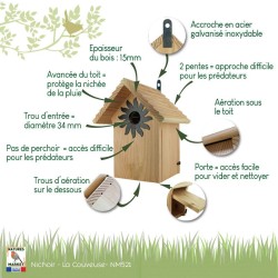 Nichoir en bois Bicoque pour oiseaux (diamètre d'entrée de 34 mm