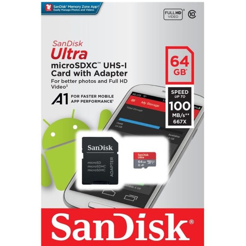 SanDisk Carte Mémoire 64 Go Ultra microSDXC UHS-I Carte + Adaptateur SD SanDisk Carte Mémoire 64 Go Ultra microSDXC UHS-I Carte + Adaptateur SD