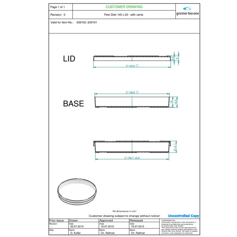 Boîte de Petri avec ergots de ventilation - 145 x 20 mm - Non stérile - Unité
