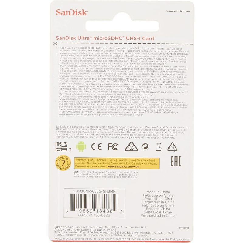 SanDisk Ultra microSDHC 32GB, up to 100MB/s, Class 10, UHS-I, Full HD Video