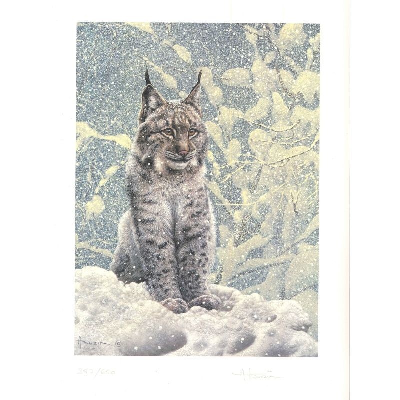 Tirage limité Lynx "Premiers pas dans la neige" - Tableau d'André Buzin - 35x45 cm