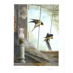 Tirage limité jeunes hirondelles de cheminée "Certitude" - Tableau d'André Buzin - 35x45 cm