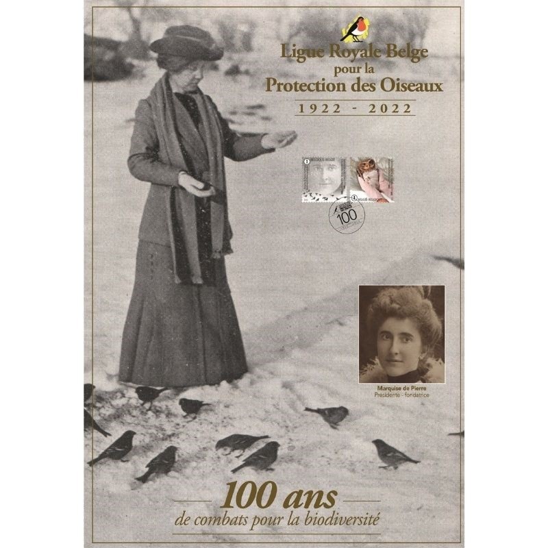 Hommage souvenir Marquise de Pierre avec 2 timbres Centenaire "100 ans de protection des oiseaux"