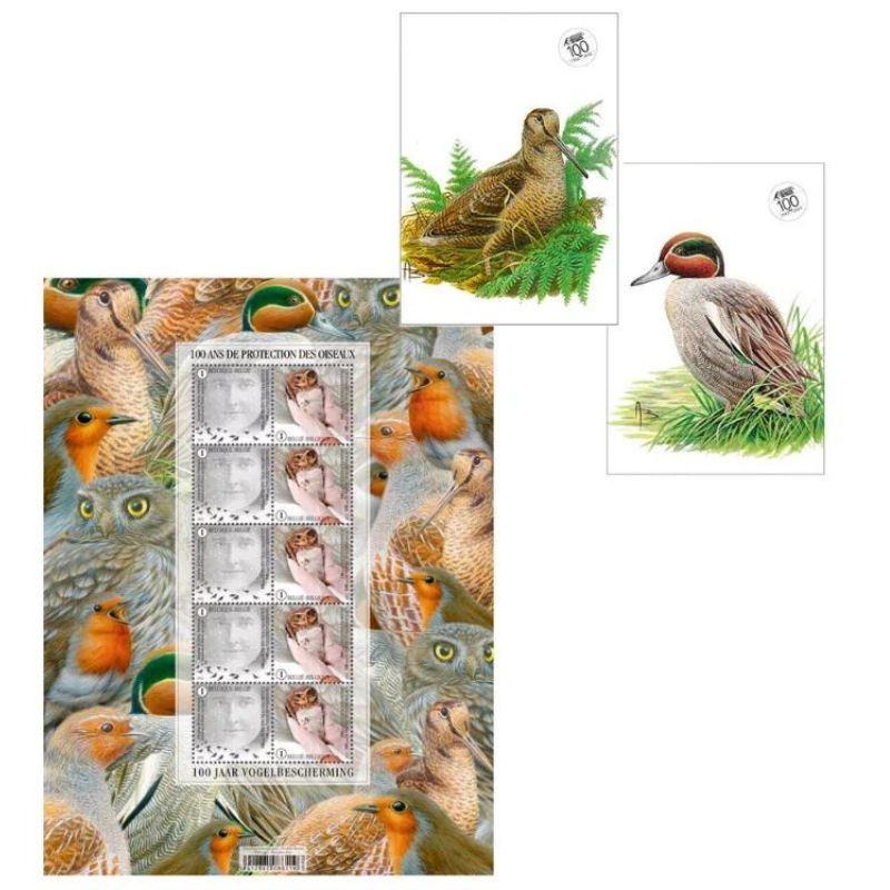 Feuillet de 10 timbres + 2 Cartes postales André Buzin avec cachet 100 ans LRBPO